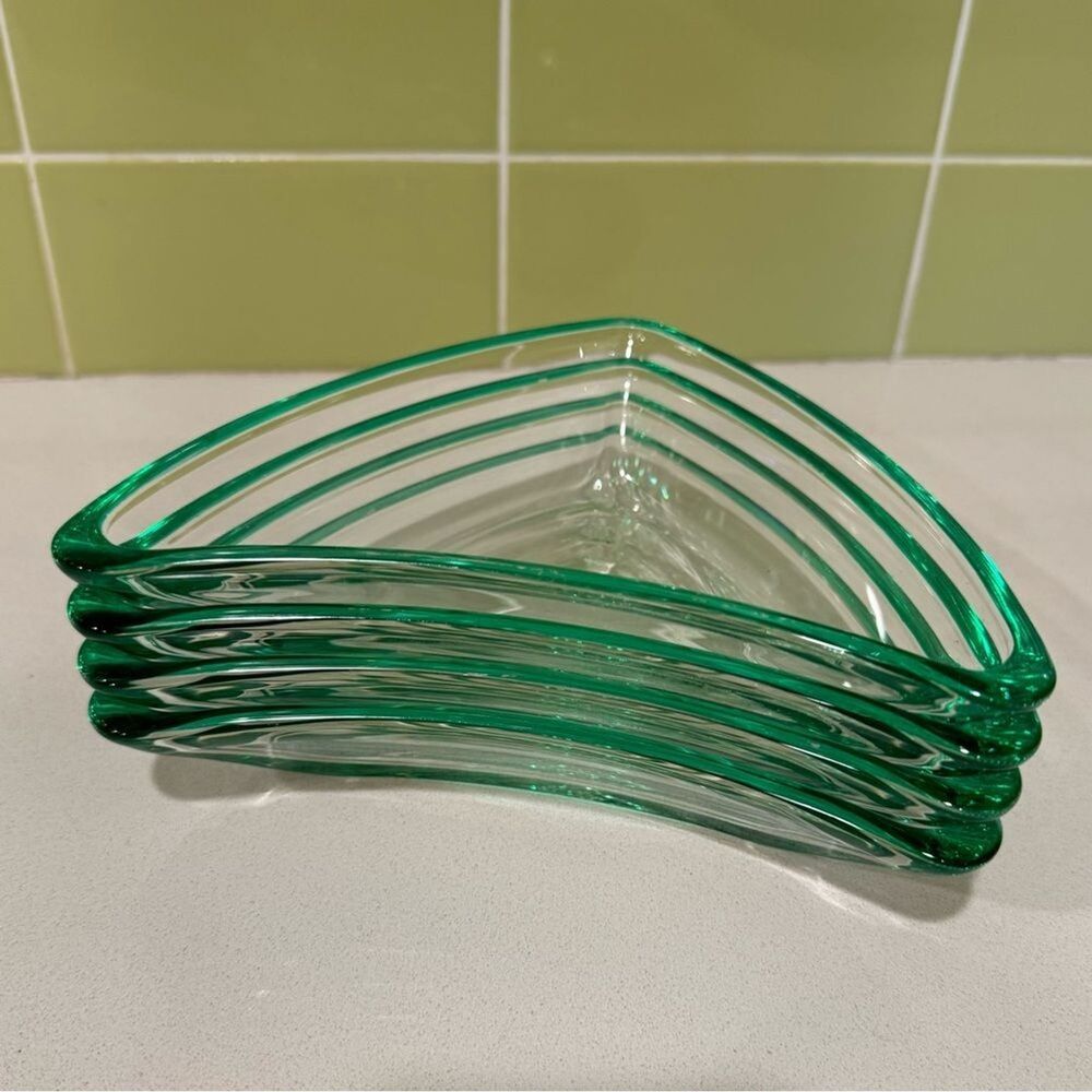 Vintage Green Flashed Edge Boomerang Glass Dishes — Set of 4 - Picture 8 of 9